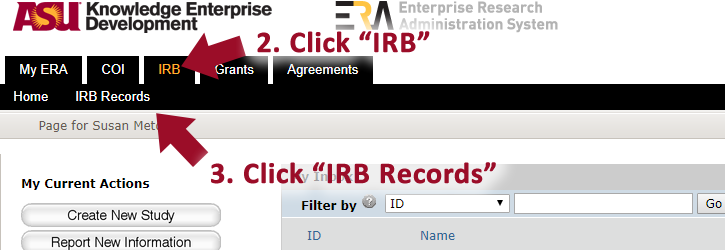 Screenshot from ERA system showing IRB tab and where to click on IRB records.