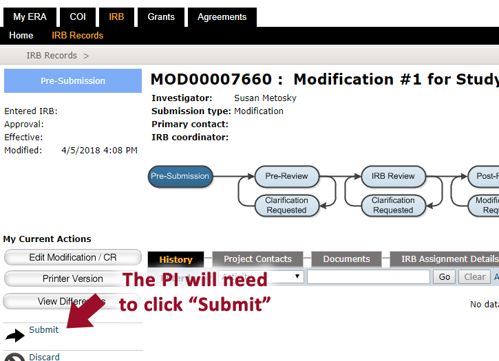 Screenshot of ERA screen showing where the principal investigator needs to click submit.