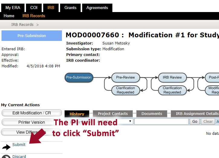 Screenshot of ERA screen showing where the principal investigator should click the submit buttion.