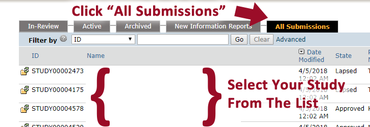 Screenshot from ERA system showing All Submissions tab and where to select your study from the list.