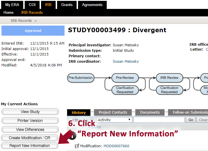 Screenshot from ERA system showing where to click on Report New Information button.