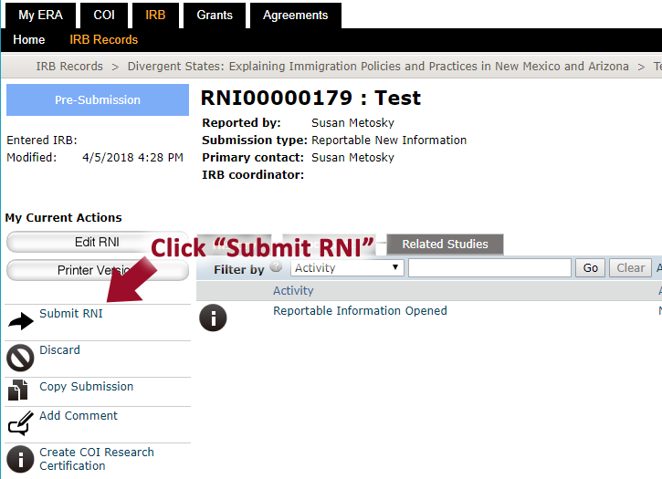 Screenshot from ERA system sowing where to click to Submit RNI.